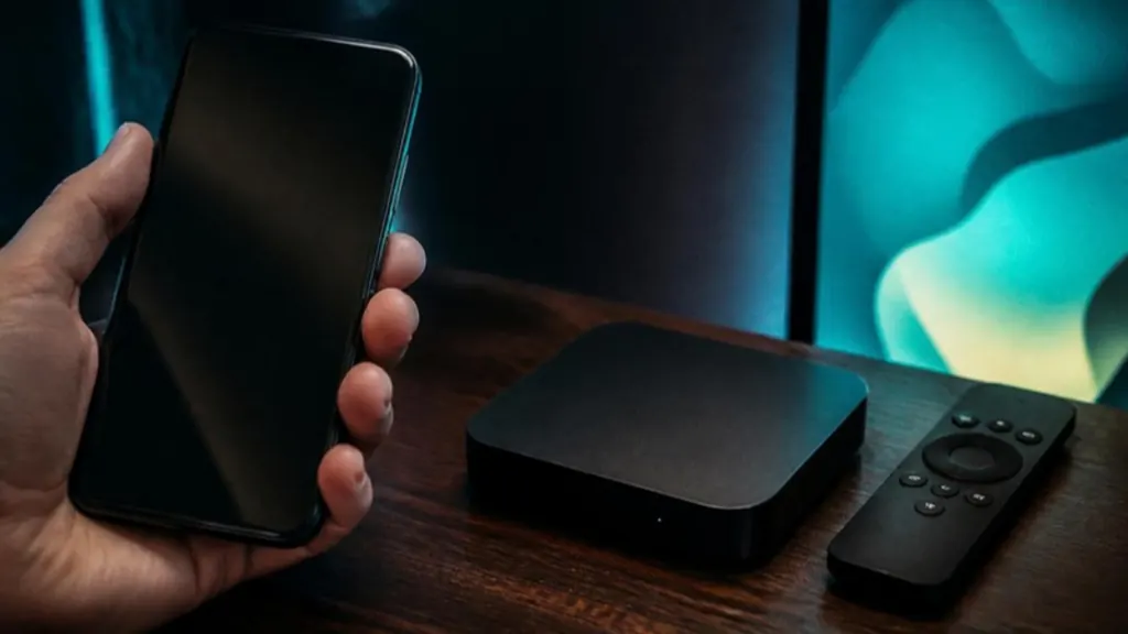 スマートフォンを持つ手と、木のカウンターに置かれた黒い小型のテレビ用端末とリモコン